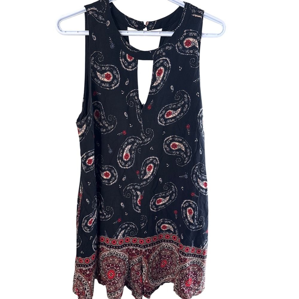 TCEC Womens Paisley Print Cutout Back Sleeveless Romper Black Red Large CP8616